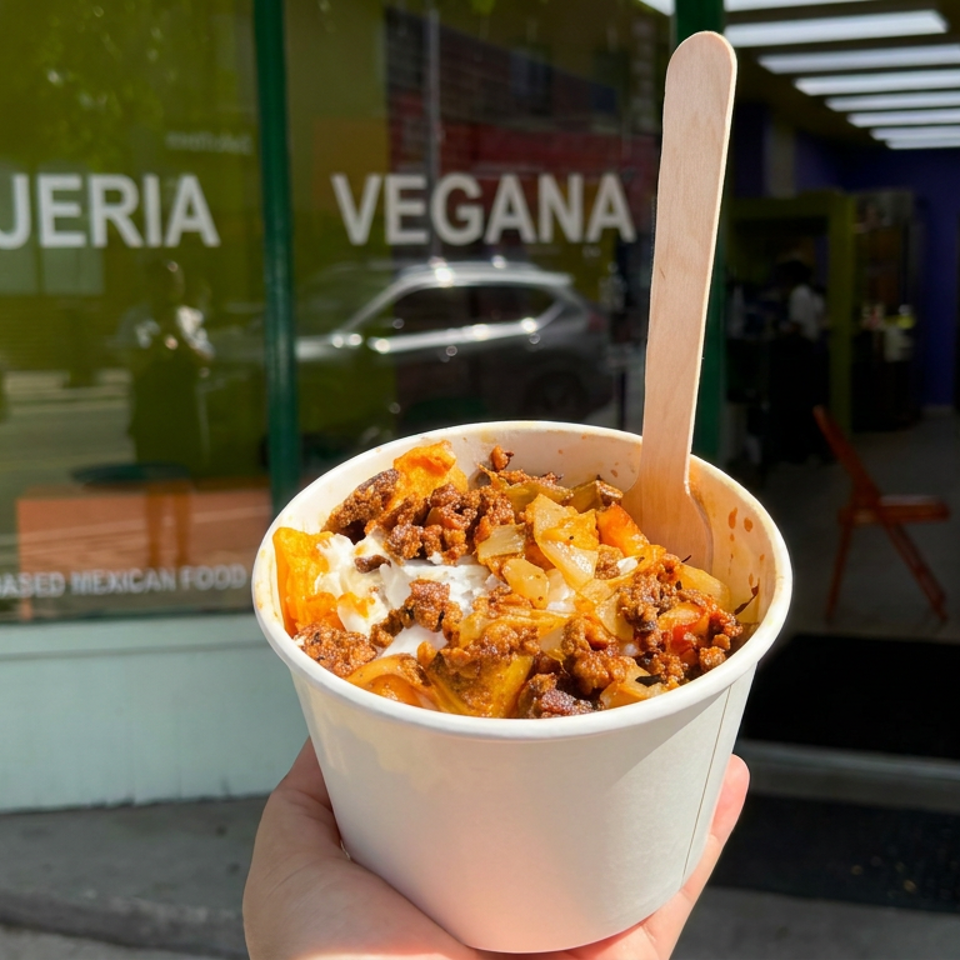Hand holds a cup of vegan Mexican food topped with seasoned plant-based meat outside a taqueria.