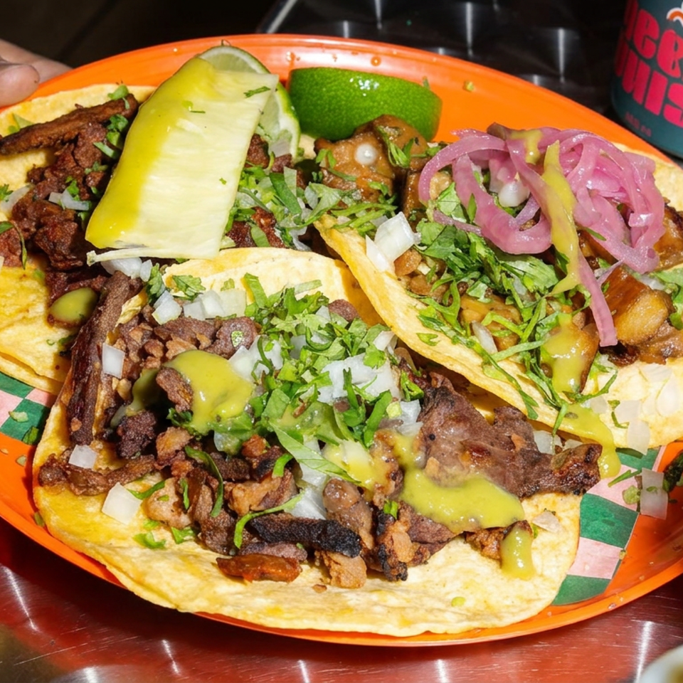 Three tacos filled with grilled meat, onions, cilantro, green salsa, lime, cucumber, and pickled onions on an orange plate.