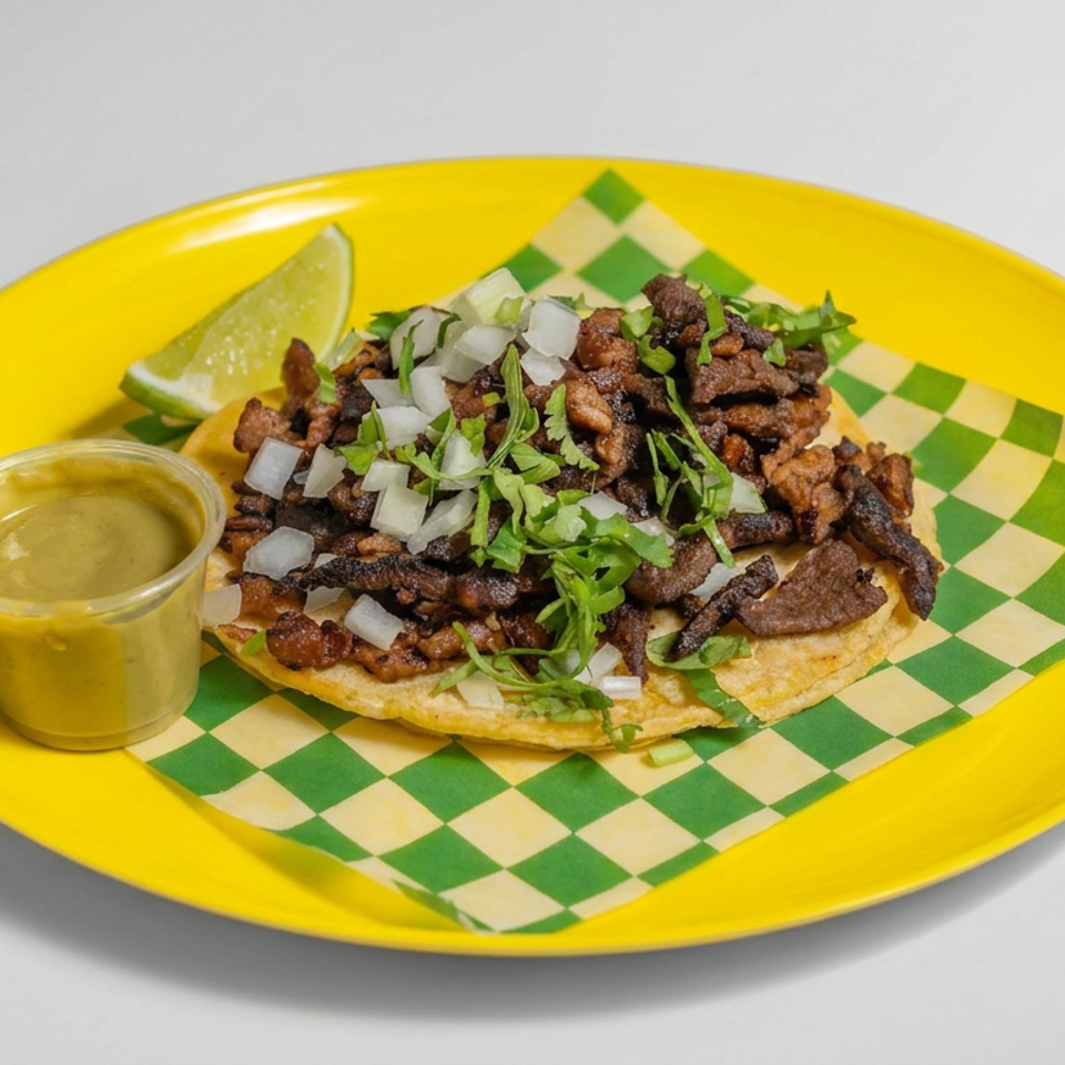 Open-faced tostada topped with seasoned shredded meat, diced onions, cilantro, lime wedge, and dipping sauce on a yellow plate.