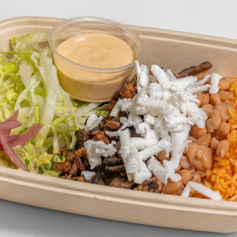 Takeout bowl with grilled meat, white cheese, pinto beans, orange rice, lettuce, guacamole, pickled onions, and creamy sauce.