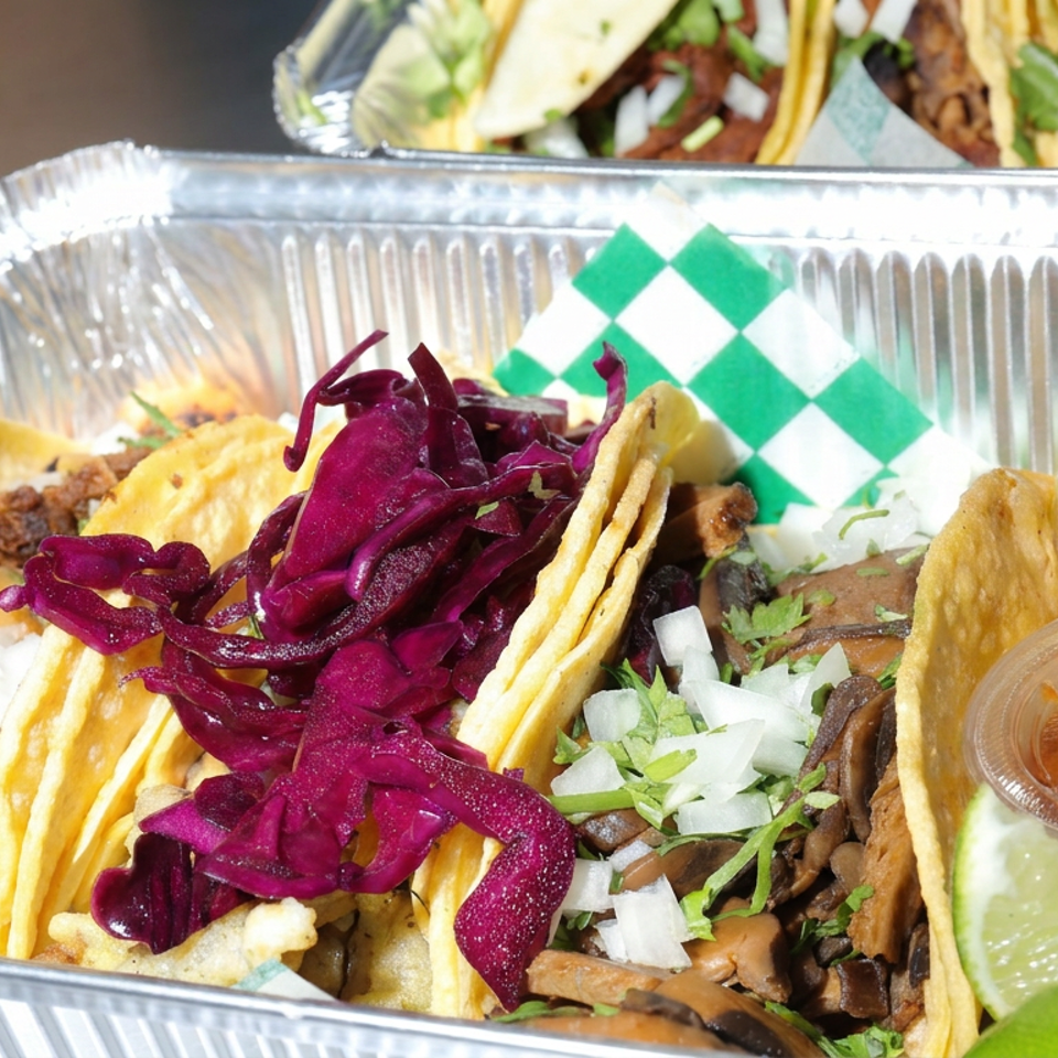 Assorted tacos in a foil tray topped with purple cabbage, onions, cilantro, and lime, accompanied by three sauces.