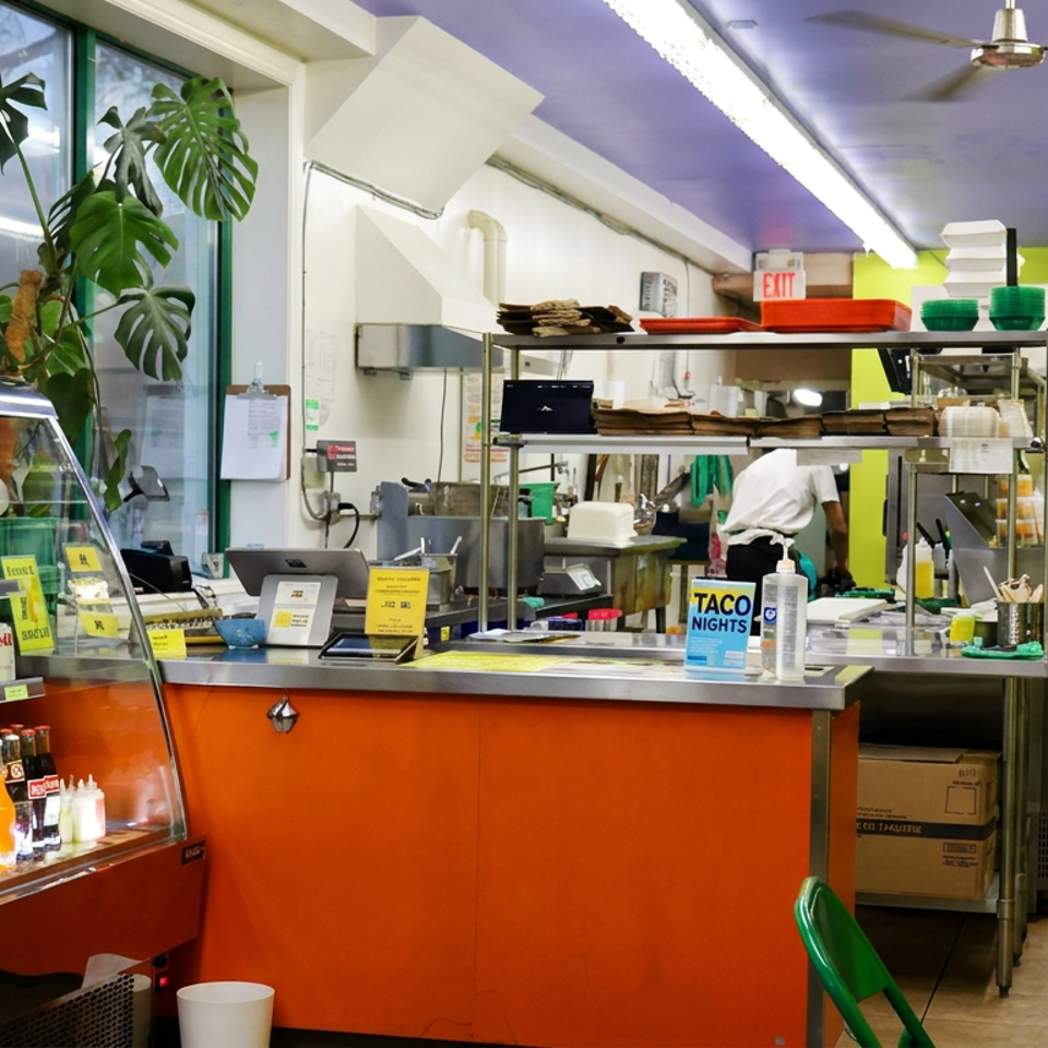 Bright casual restaurant counter with refrigerated drinks display, taco night sign, open kitchen, and staff preparing food.