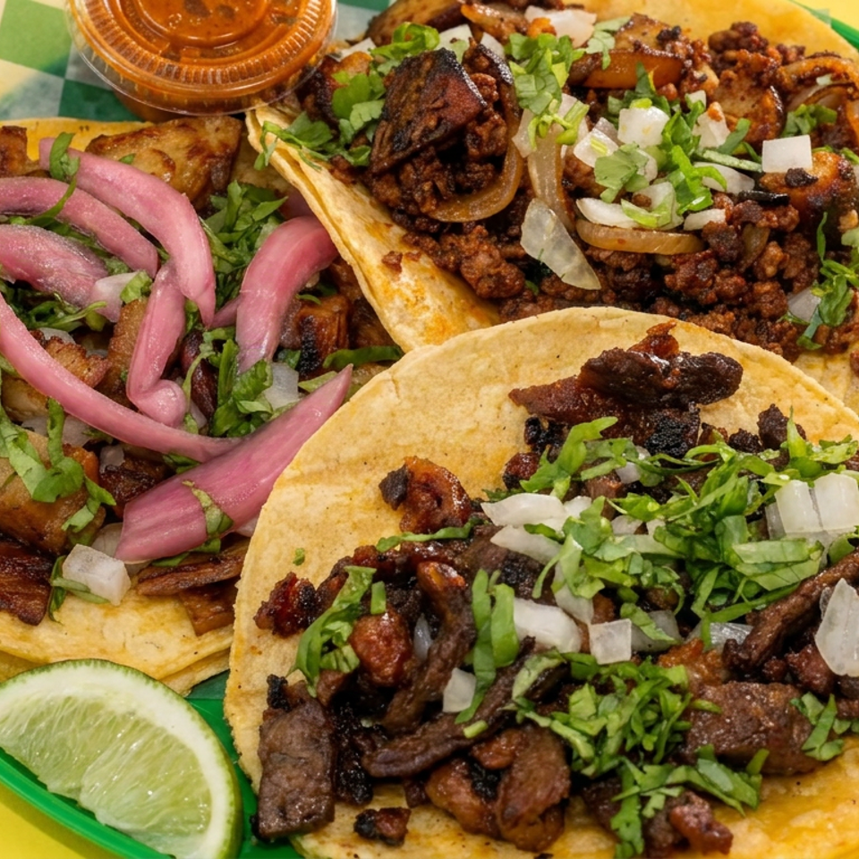 Three Mexican street tacos topped with grilled meats, onions, cilantro, and pickled onions on a green plate with lime wedges.