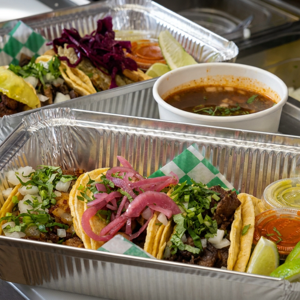 Two foil trays of tacos topped with cilantro, onions, and pickled red onions, served with lime wedges, sauces, and consommé.