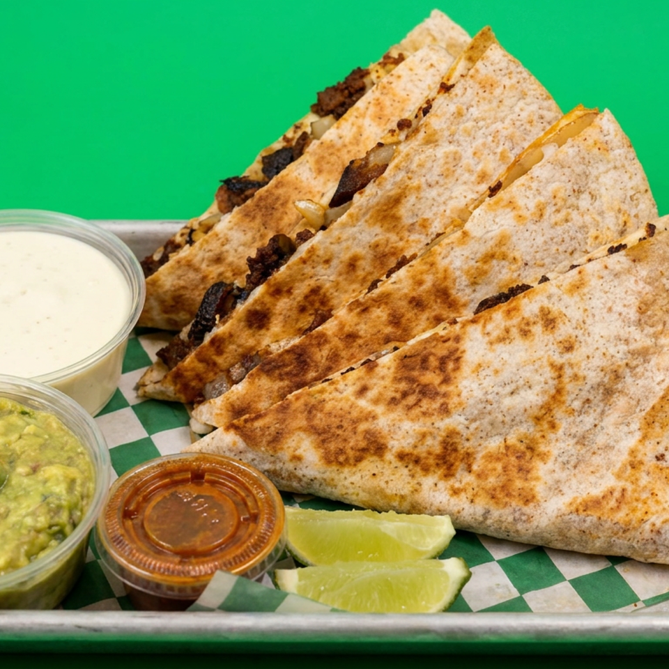 Grilled quesadilla wedges served on a metal tray with guacamole, creamy sauce, salsa, and lime wedges.
