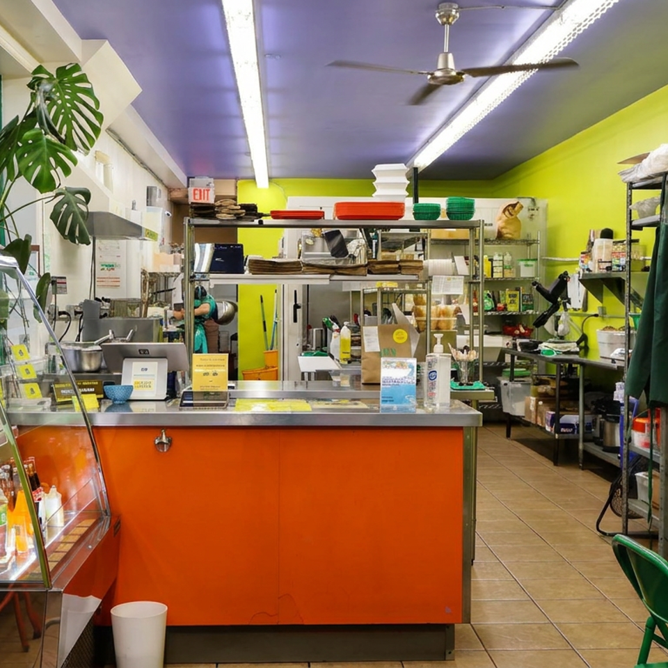 Bright lime-green café interior with an orange service counter, refrigerated display case, plants, kitchen shelves, and green seating.
