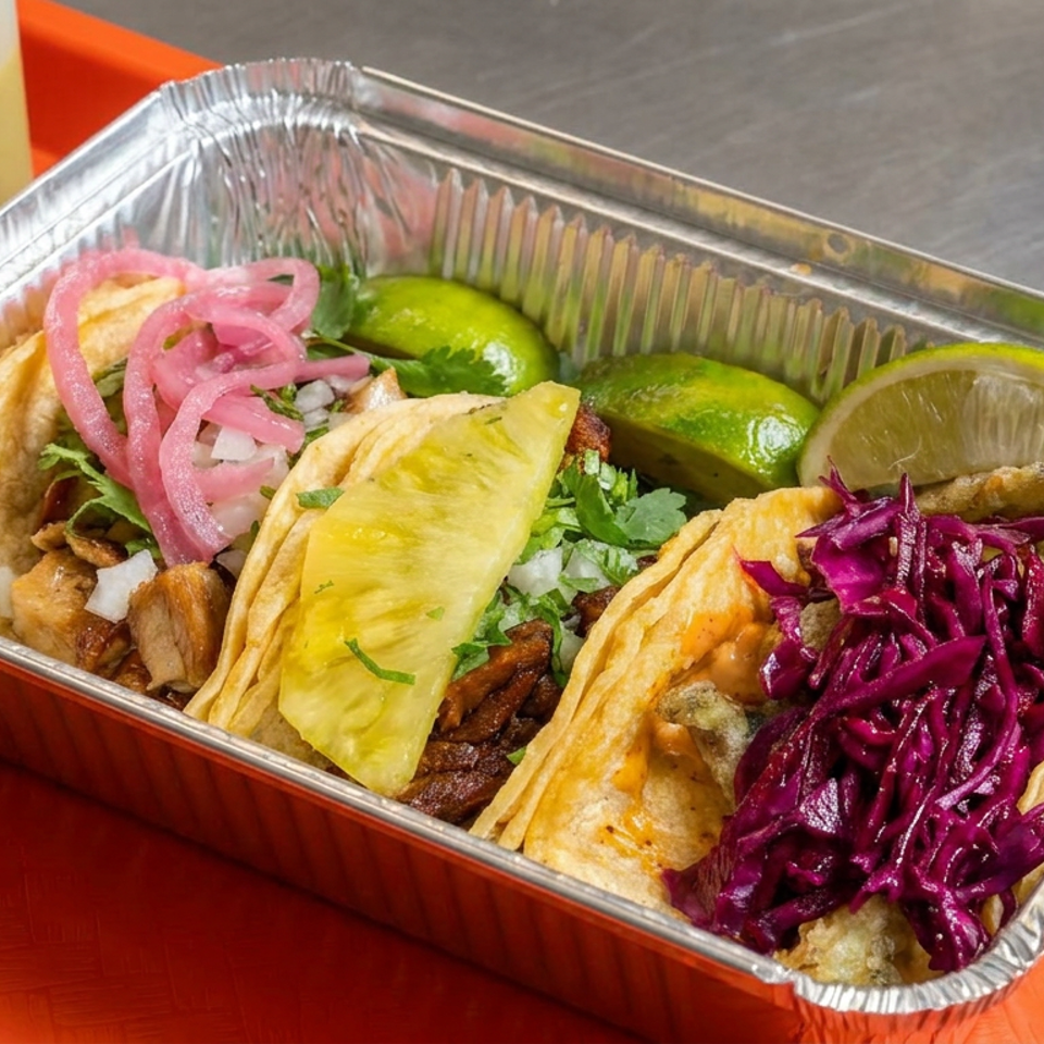 Three tacos in a foil tray topped with pineapple, cilantro, pickled onions, purple cabbage, and lime wedges.